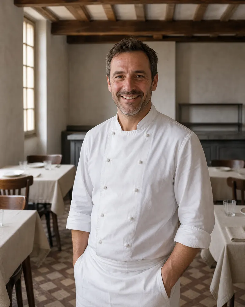 Bastien, la quarantaine, en veste de cuisine blanche, souriant dans la salle du restaurant.
