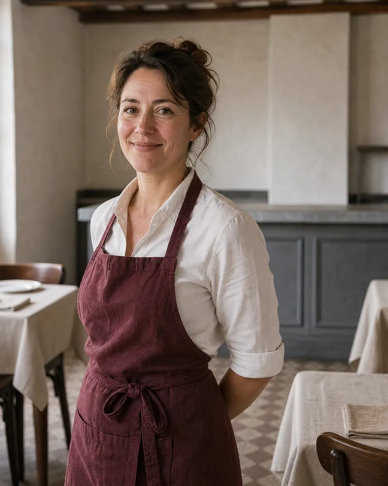 Clémence, la trentaine, tablier bordeaux, devant le comptoir en zinc.