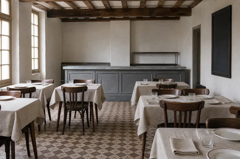 La salle du Comptoir des Brévaux en journée : murs chaulés, carrelage ancien, chaises de bistrot et tables dressées de nappes en lin.